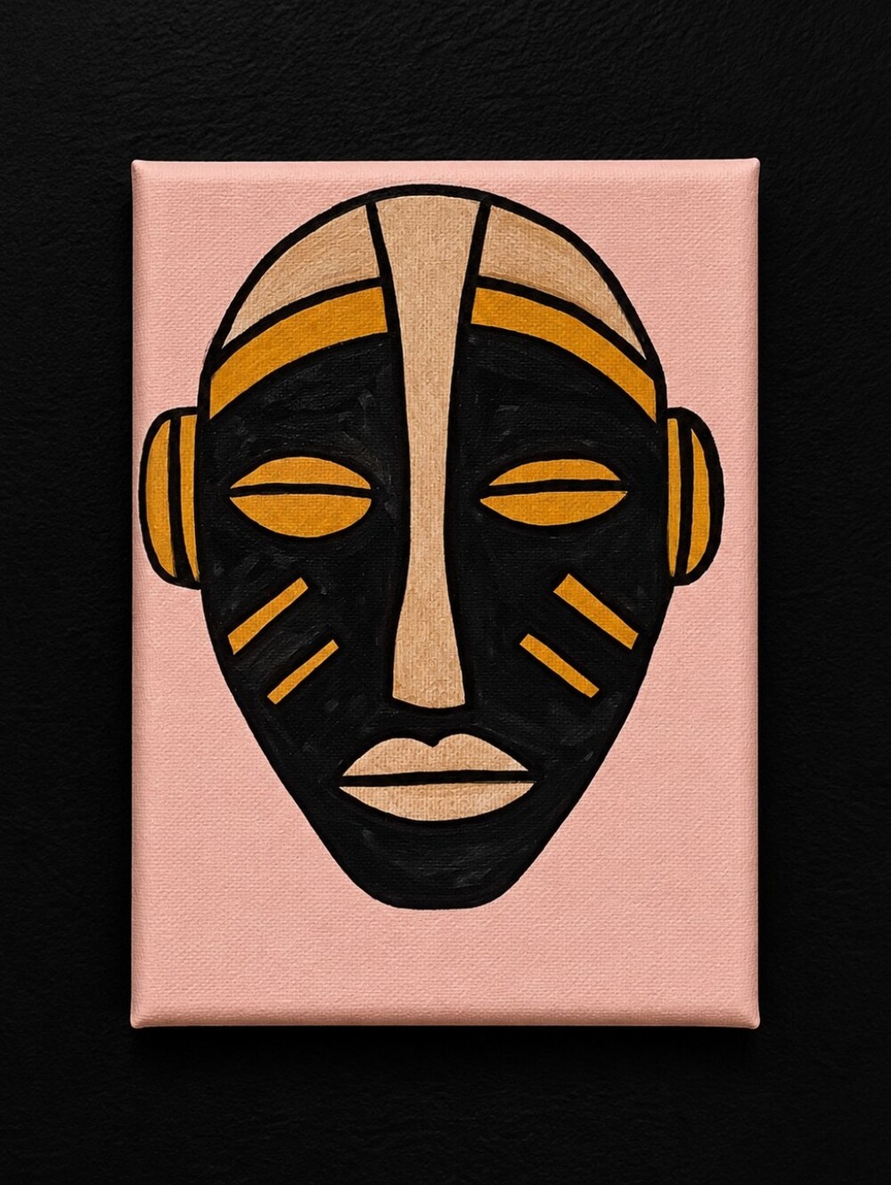 Handcrafted Gold & Black Tribal Mask Canvas Art 5x7"